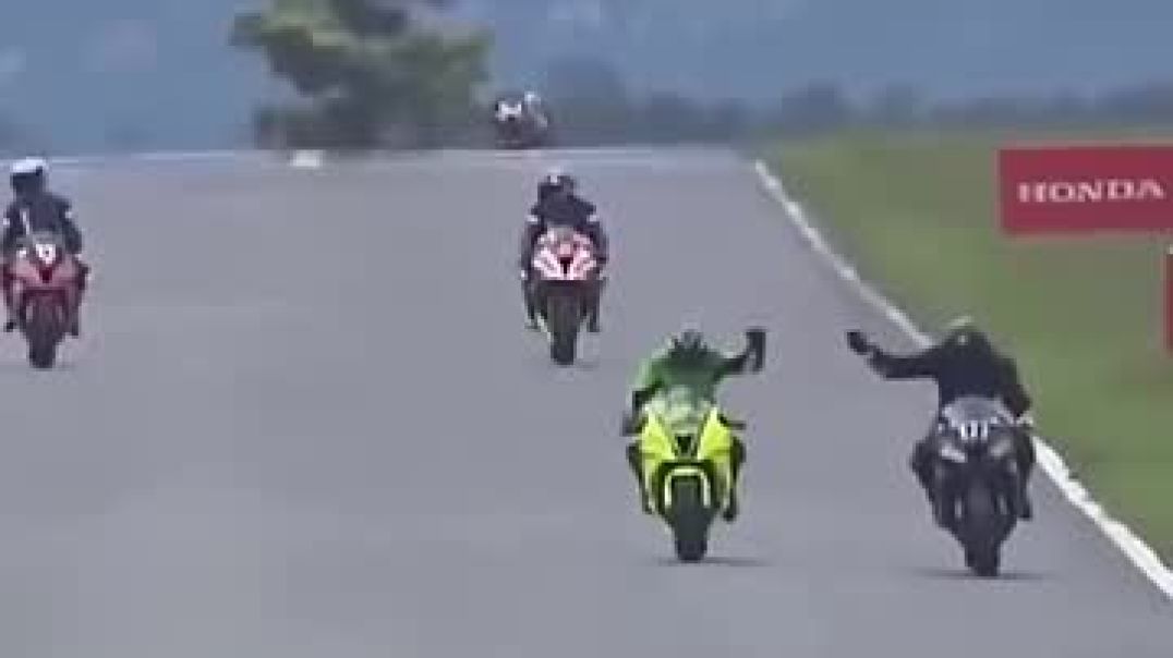 ⁣This driver thought he had won the race and slowed down his bike but