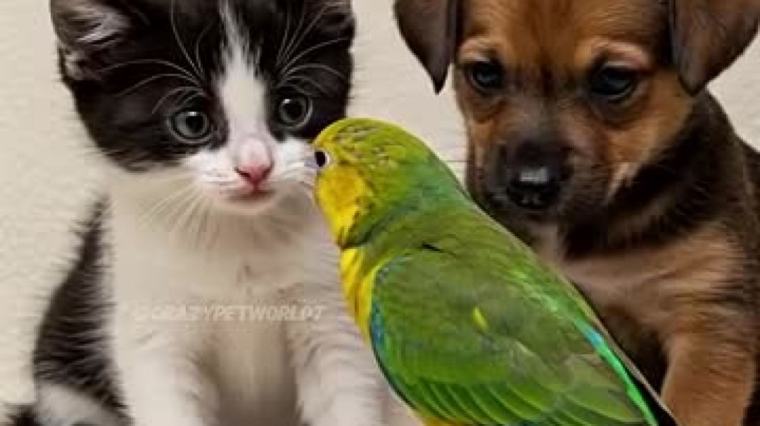 ⁣Parrot Surprises Baby Kitten and Puppy
